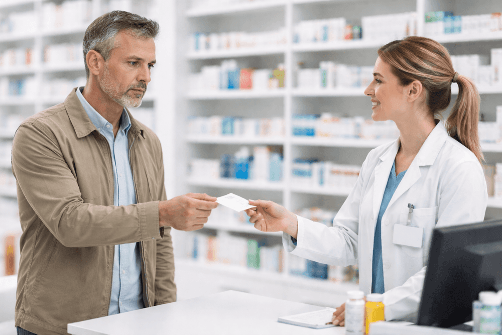 mężczyzna podający receptę farmaceutce