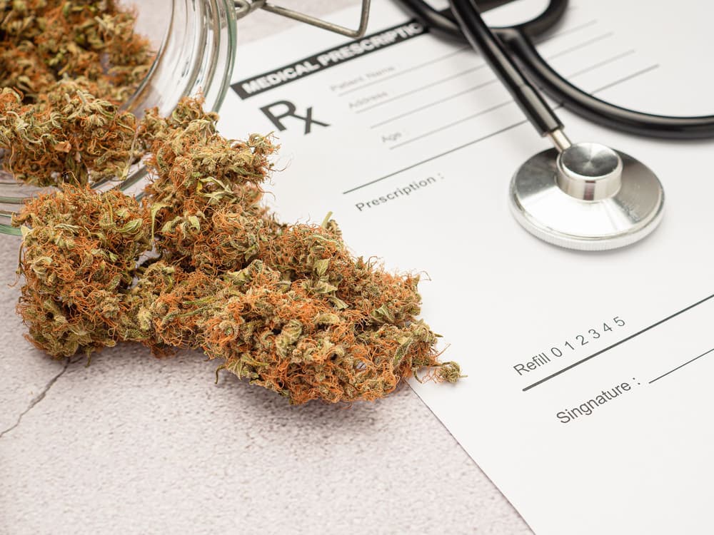 Susz z medycznej marihuany leżący na recepcie i obok stetoskopu. Susz z medycznej marihuany leżący na recepcie i obok stetoskopu.